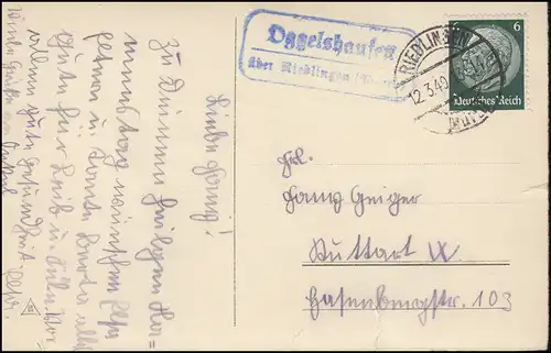 Landpost Oggelshausen über Riedlingen (Württ.) 12.3.40 Glückwunsch-AK Namenstag