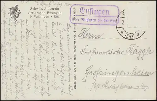 Landpost Ensingen über Vaihingen an der Enz um 1940 auf AK, fehlende Frankatur