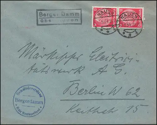 Landpost Berger Damm über Nauen 7.9.34 auf Brief Gemeindevorstand Bergerdamm