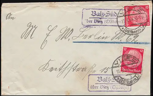 Landpost Balz-Süd über Vietz (Ostbahn) 11.9.34 auf Brief