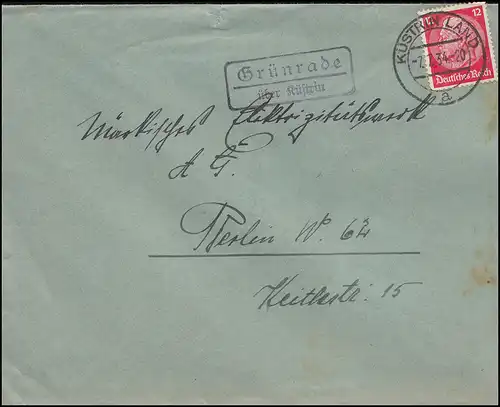 Landpost Grünrade über Küstrin Land 7.7.34 auf Brief