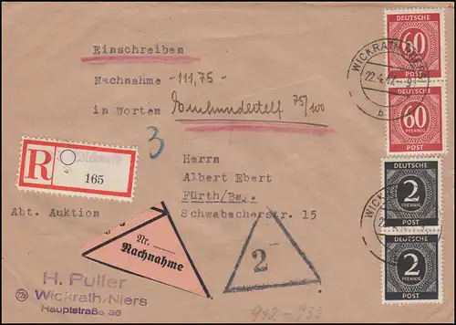 Not-R-Zettel Wickrath auf R-Brief per Nachnahme WICKRATH (NIERS) 22.4.47