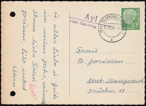 Landpost Ayl über Saarburg (Bz. Trier) 1 - 23.12.58 auf AK Weihnachten