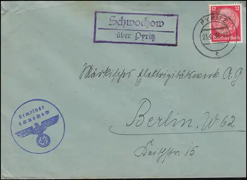 Landpost Schwochow über Pyritz 23.4.38 auf Brief der Gemeinde