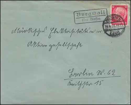 Landpost Burgwall über Drossen Land 1934 auf Brief