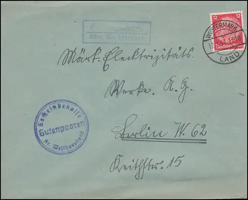 Landpost Gutenpaaren über Wustermark Land 12.2.37 Brief der Gemeindekasse
