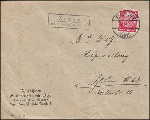 Landpost Bagow über Großbehnitz Land 19.10.34 auf Brief