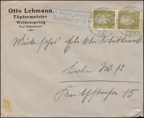 Landpost Weißenspring über Frankfurt / Oder Land 3.5.32 auf Brief