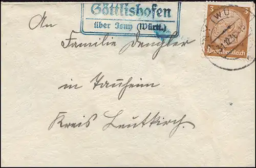 Landpost Göttlishofen über Isny (Württ.) 31.12.36 auf Brief