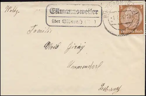 Landpost Ellmannsweiler über Biberach (Riss) 1.1.39 auf Brief mit Neujahrskarte