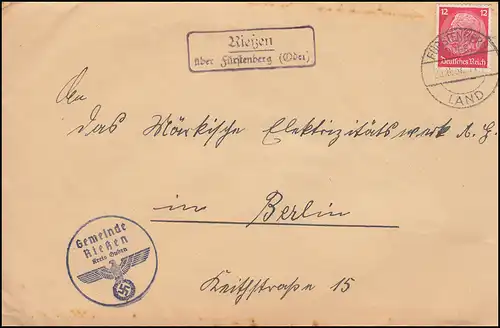 Landpost Rießen über Fürstenberg (Oder) Land 25.8.37 Brief mit BS der Gemeinde