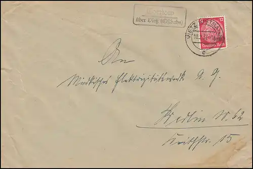 Landpost Tornow über Vietz Ostbahn 10.2.37 auf Brief