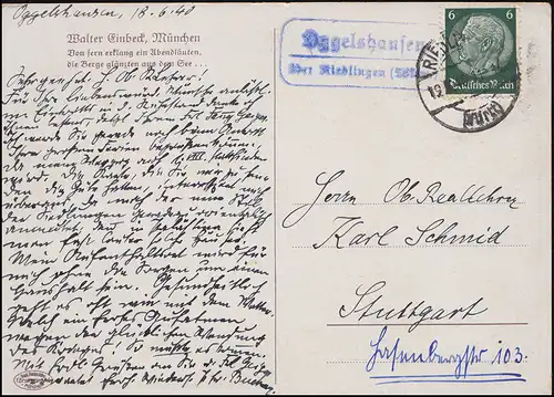 Landpost Oggelshausen über Riedlingen (Württ.) 19.6.40 auf Künstler-AK
