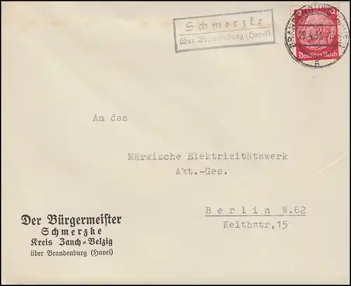 Landpost Schmerzke über Brandenburg (Havel) 25.4.33 auf Brief vom Bürgermeister