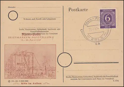 Schmuck-Postkarte Köln im Aufbau passender SSt Rhein-Posta Köln 13.4.1947