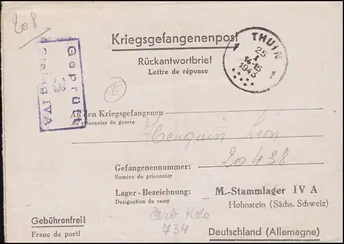 Kriegsgefangenenpost Rückantwort an Stalag IV A Hohnstein / Sächs. Schweiz