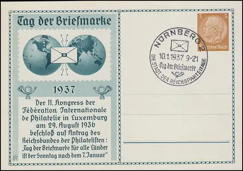 PP 122 Tag der Briefmarke 1937 passender SSt NÜRNBERG 10.1.1937