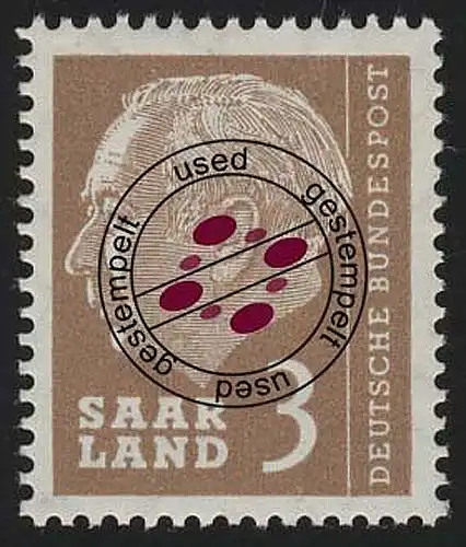 Saarland 382 Heuss 3 (Fr) 1957, O