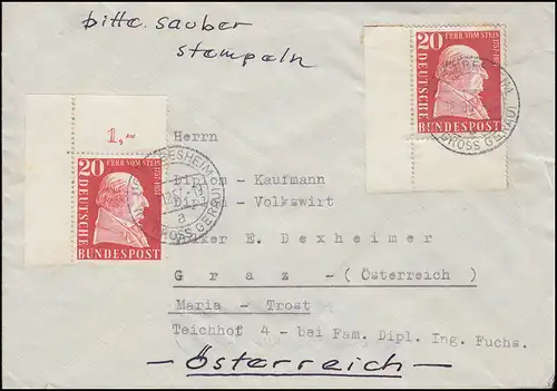 277 von und zu Stein: Ecken o.l. und u.l. MeF BIEBESHEIM 16.12.57 Auslands-Bf.