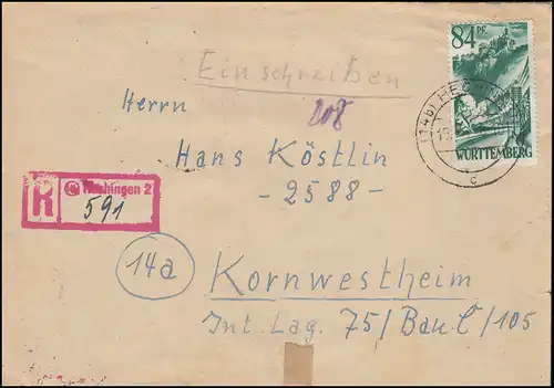 12 Schloss Lichtenstein 84 Pf als EF auf R-Brief Not-R-Stempel Hechingen 15.4.48