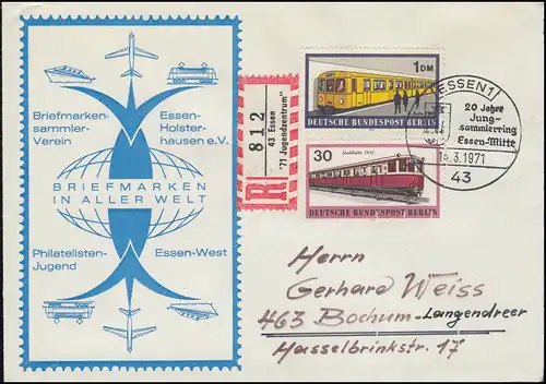 Sonder-R-Zettel 43 Essen '71 Jugendzentrum auf Schmuck-Brief SSt 14.3.71