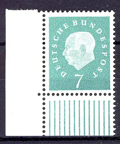 302 Heuss III 7 Pf Ecke ul ** postfrisch