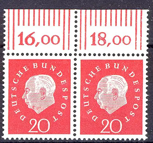 304 Heuss III 20 Pf Paar OR ** postfrisch