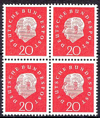 304 Heuss III 20 Pf Viererblock ** postfrisch