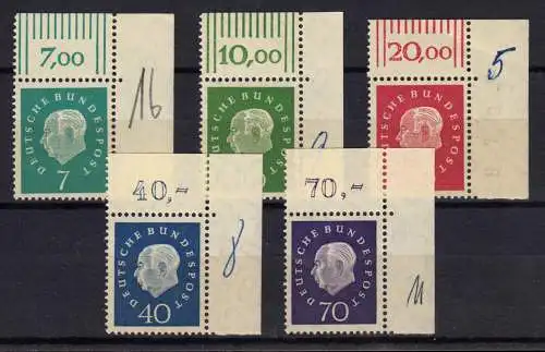 302-306 Heuss 5 Werte Bogenecken oben rechts, ungefaltet, postalisch beschr. ** 