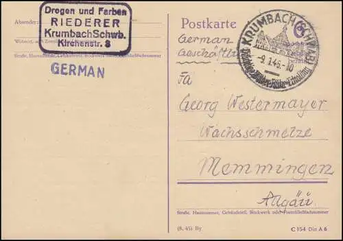 Behelfsausgabe Ganzsache P 631: nur die 6 als Wertangabe SSt Krumbach 9.1.46