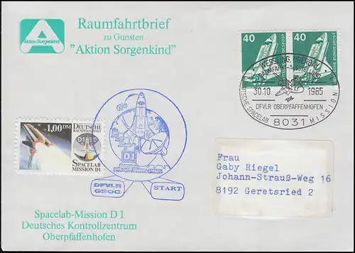 Raumfahrtbrief Aktion Sorgenkind Spacelab-Mission D 1 SSt WESSLING 30.10.1985