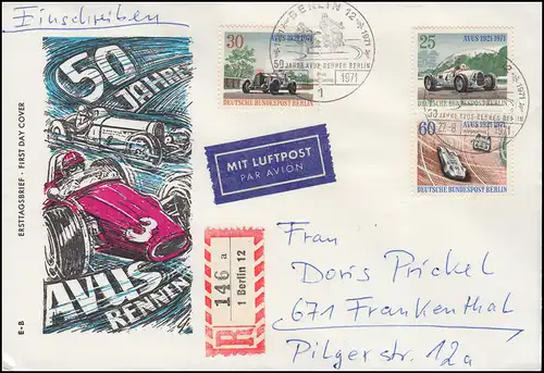 398+399+400 Avus-Rennen: Marken aus Block 3 Schmuck-FDC ESSt BERLIN 27.8.1971 