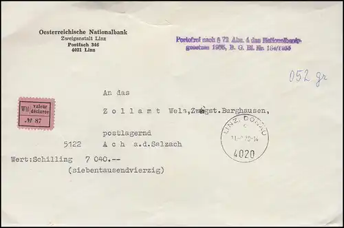 Österreichische Nationalbank Portofreier versiegelter Wertbrief LINZ 21.9.1978
