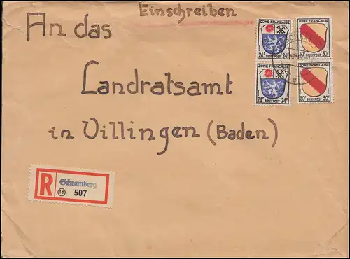 9+10 Wappen zweimal 24+30 Pf. MiF R-Brief Not-R-Zettel Schramberg 20.1.1947
