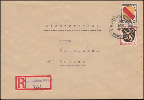 6+10 Wappen 12+30 Pf. MiF R-Brief Not-R-Zettel NEUENBÜRG (WÜRTT.) 10.1.1946