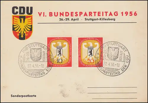 Sonderpostkarte zum VI. Bundesparteitag der CDU 1956 SSt STUTTGART 27.4.56
