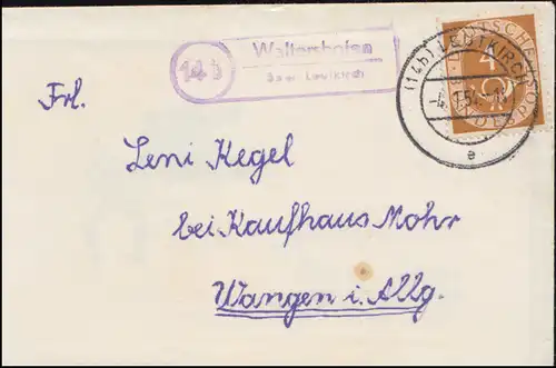 Landpost 14b Waltershofen über Leutkirch 4.1.54 auf Damenbrief