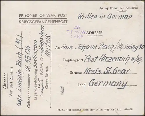 Kriegsgefangenenpost Karte Great Britain 255 Camp Kings-Lynn Norfolk 11.2.1946