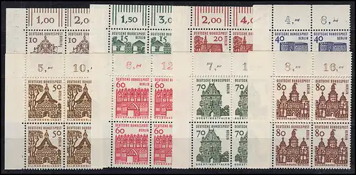 242-249 Bauwerke 8 Werte, Eckrand-Viererbl. o.l. Satz **