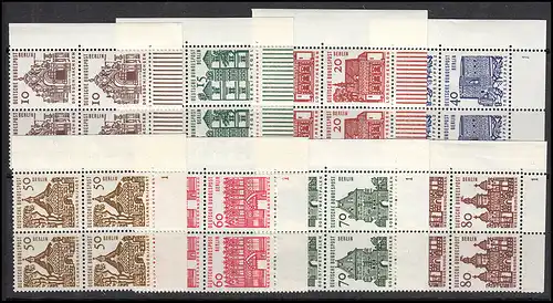 242-249 Bauwerke 8 Werte, Eck-Viererblöcke unten rechts FN1, Satz ** postfrisch