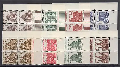 242-249 Bauwerke 8 Werte, Eck-Viererblöcke unten rechts FN2, Satz ** postfrisch