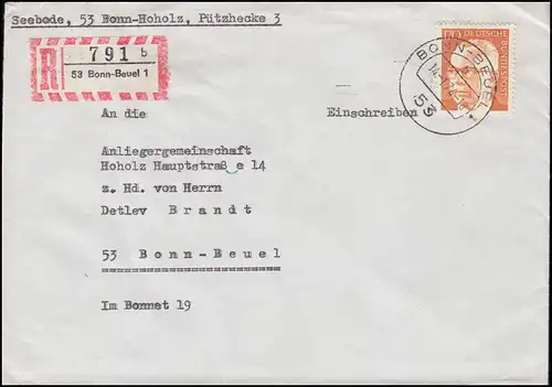 731 Heinemann 170 Pf als EF auf R-Orts-Brief BONN-BEUEL 14.1.74