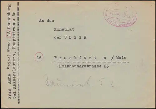 Gebühr bezahlt - Stempel Kaiserslautern Brief 31.5.46 an das Konsulat der UdSSR