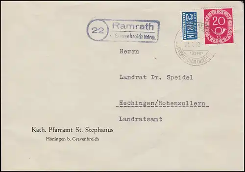 Landpost 22 Ramrath über Grevenbroich Niederrhein 27.1.53 auf Brief 