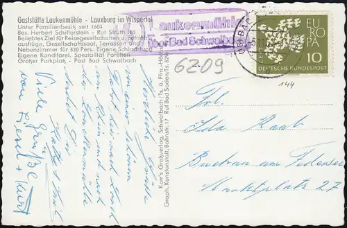 Landpost Laukenmühle über Bad Schwalbach 6.11.61 auf passender AK Lauxburg