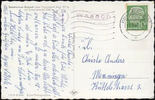 Landpost 13b Wasach über Oberstdorf 1957 AK Sanatorium Wasach mit Entschenkopf