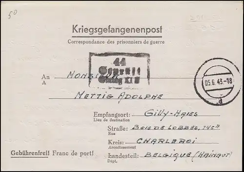 Kriegsgefangenenpost 44 Stalag XI auf Brief Tarnstempel 5.6.43 nach Belgien
