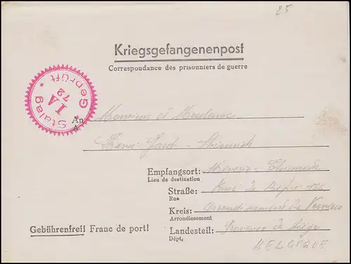 Kriegsgefangenenpost Stalag I A 72 Brief am 7.2.1943 geschrieben, nach Belgien