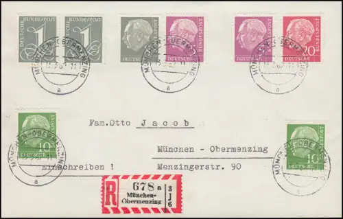 179 ff Heuss + 285 - WZ liegend Y, alle fünf Werte Type I UND II je auf R-Brief