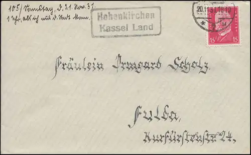 Landpost-Stempel Hohenkirchen Kassel (Land) 20.11.31. nach Fulda